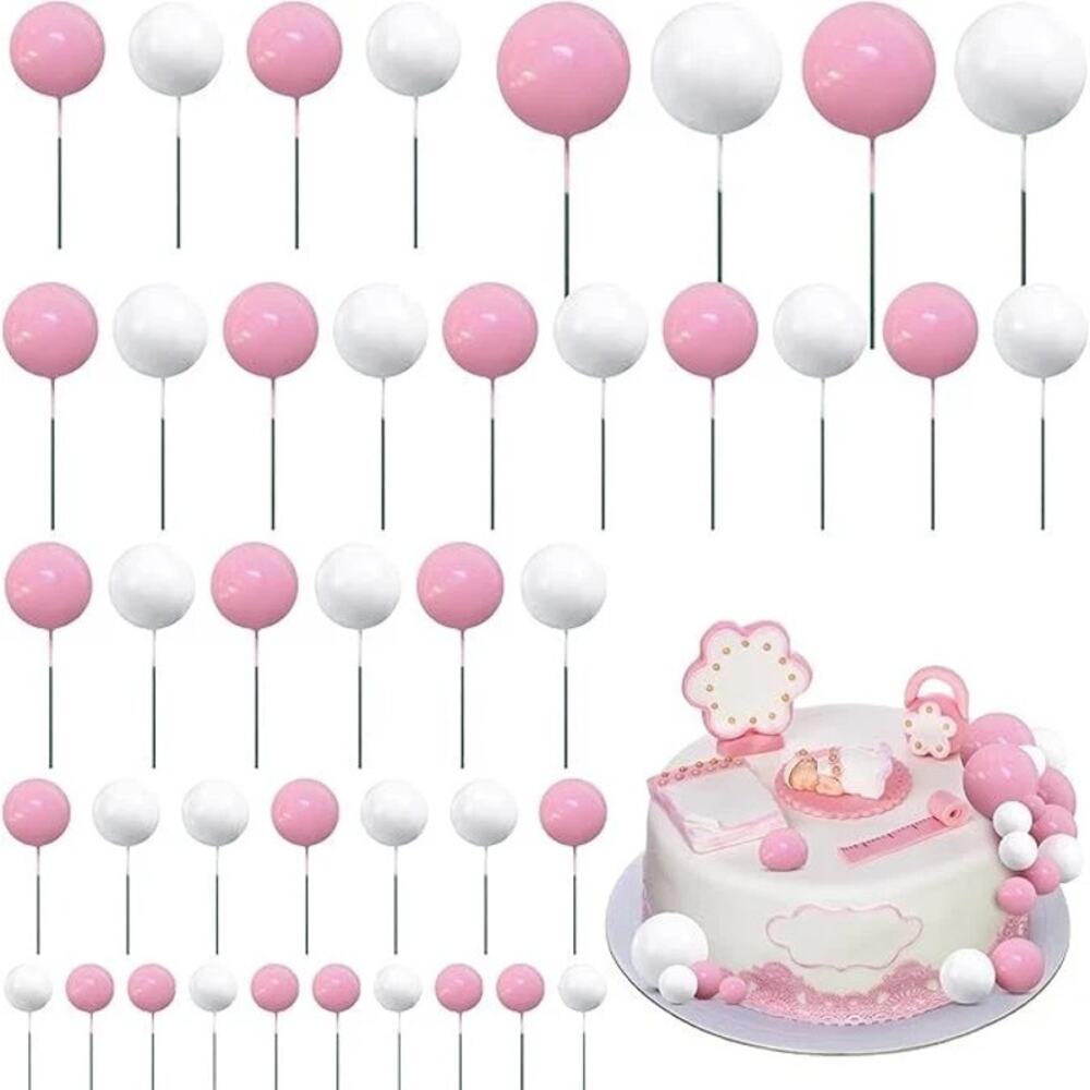 50x Pink & White Fun Balloon Ball Birthday, Anniversary, Wedding Cake Toppers
